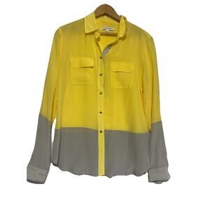 Banana Republic 100% silk button down shirt size Small Block Color Yellow Grey